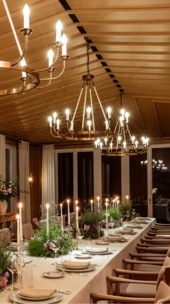 Lange, festlich gedeckte Tafel mit Kerzen und Blumen unter Kronleuchtern im Rosewood Schloss Fuschl
